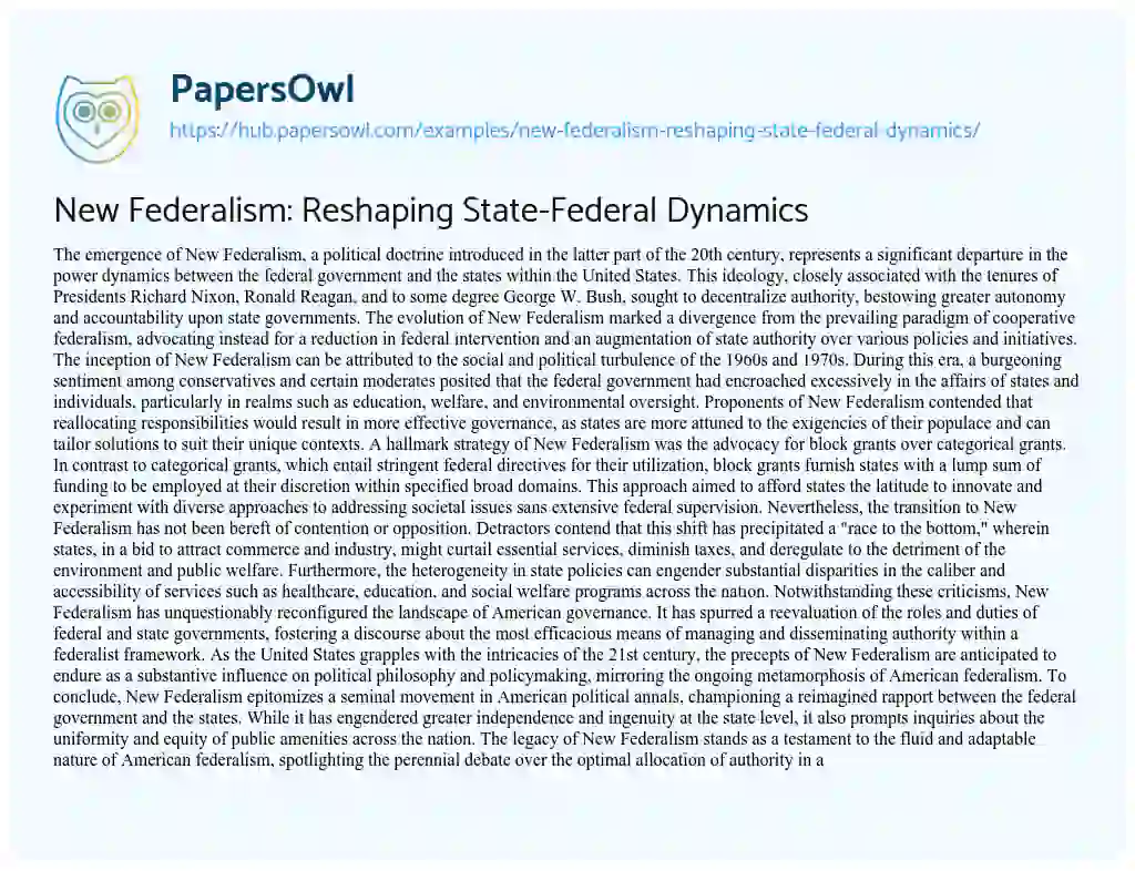 Essay on New Federalism: Reshaping State-Federal Dynamics