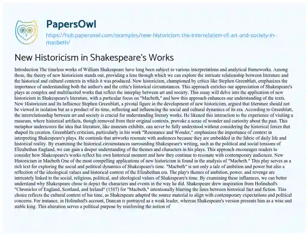 Essay on New Historicism in Shakespeare’s Works