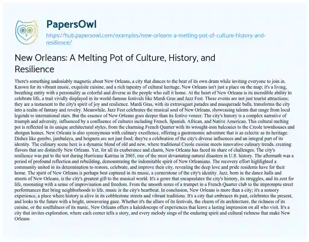 Essay on New Orleans: A Melting Pot of Culture, History, and Resilience