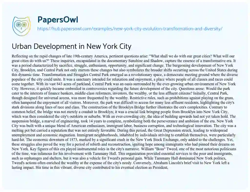 Essay on Urban Development in New York City