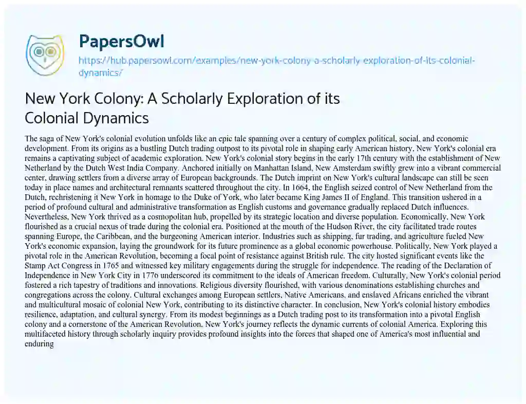 Essay on New York Colony: A Scholarly Exploration of its Colonial Dynamics