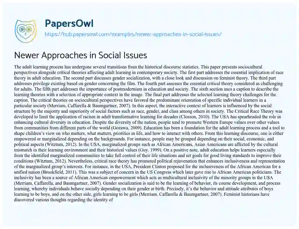 Essay on Newer Approaches in Social Issues