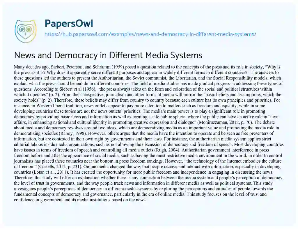 Essay on News and Democracy in Different Media Systems