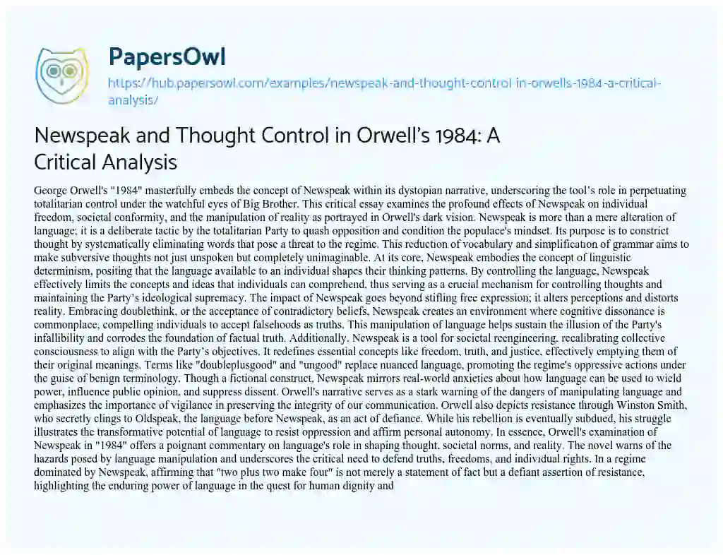 Essay on Newspeak and Thought Control in Orwell’s 1984: A Critical Analysis