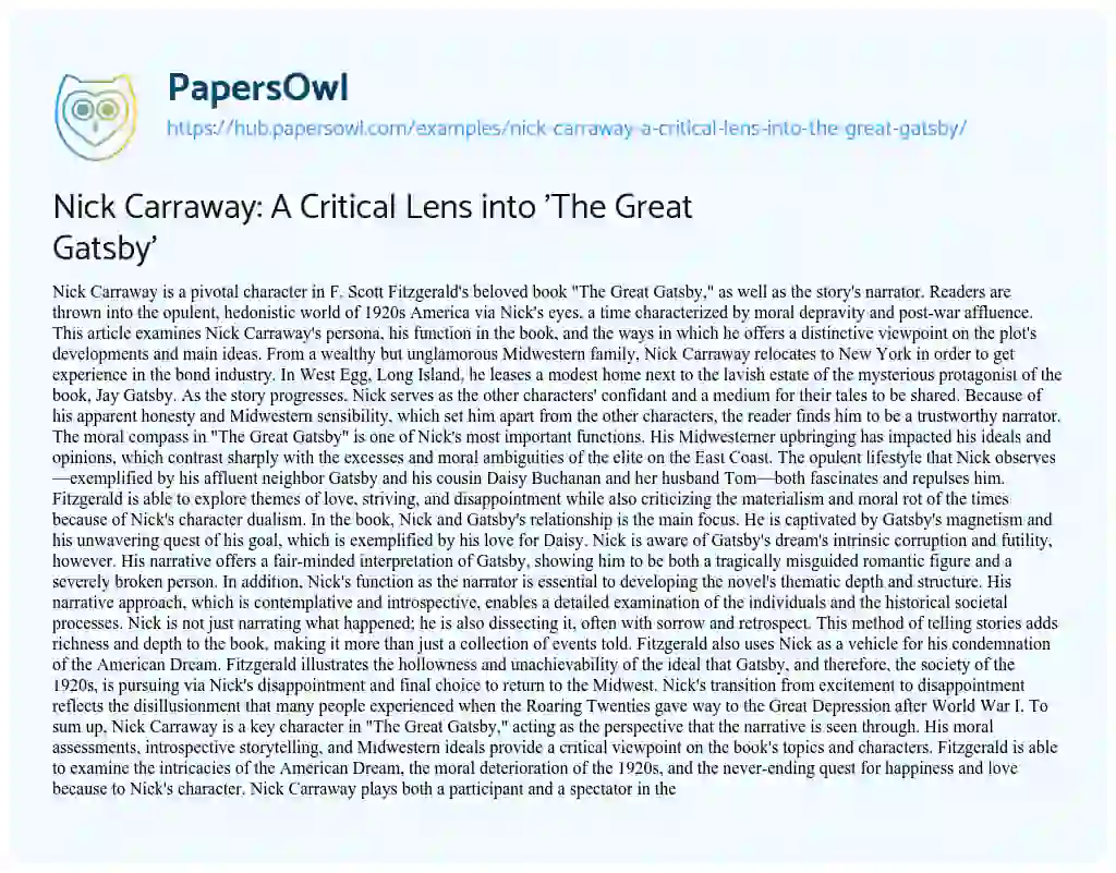 Essay on Nick Carraway: A Critical Lens into ‘The Great Gatsby’