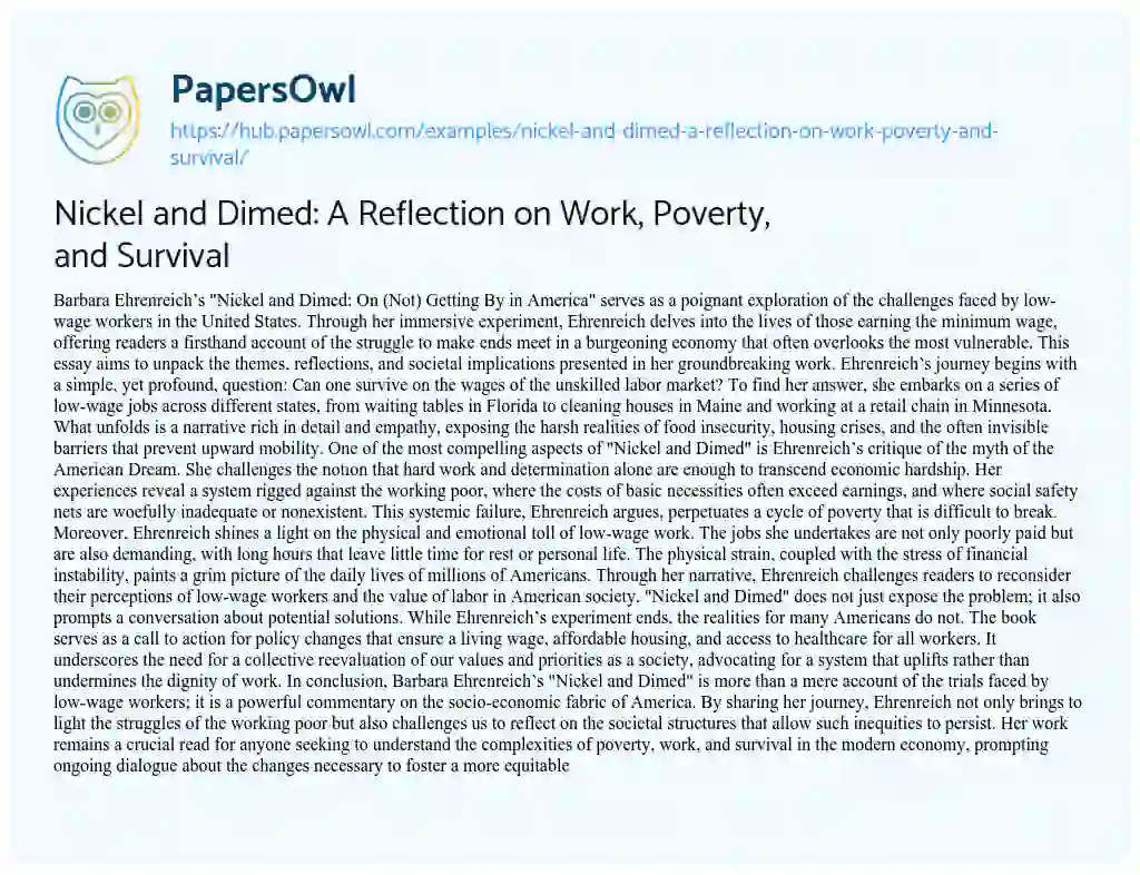 Essay on Nickel and Dimed: A Reflection on Work, Poverty, and Survival
