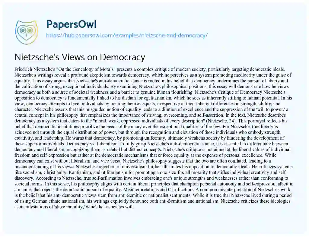 Essay on Nietzsche’s Views on Democracy