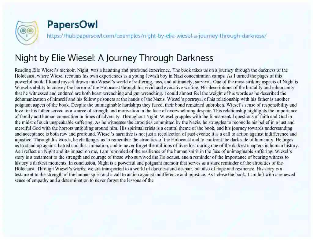 Essay on Night by Elie Wiesel: A Journey Through Darkness