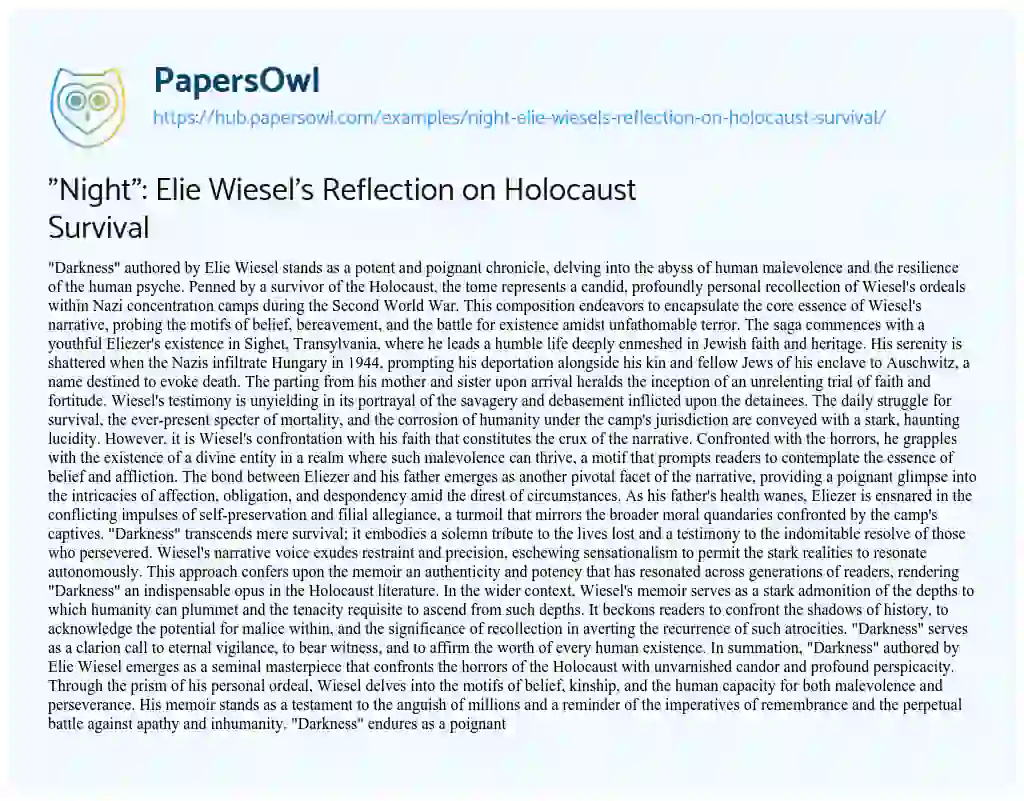 Essay on “Night”: Elie Wiesel’s Reflection on Holocaust Survival