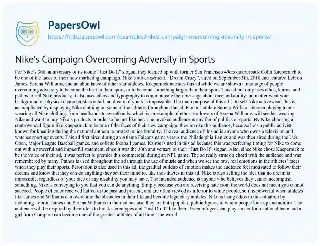 Essay on Nike’s Campaign Overcoming Adversity in Sports