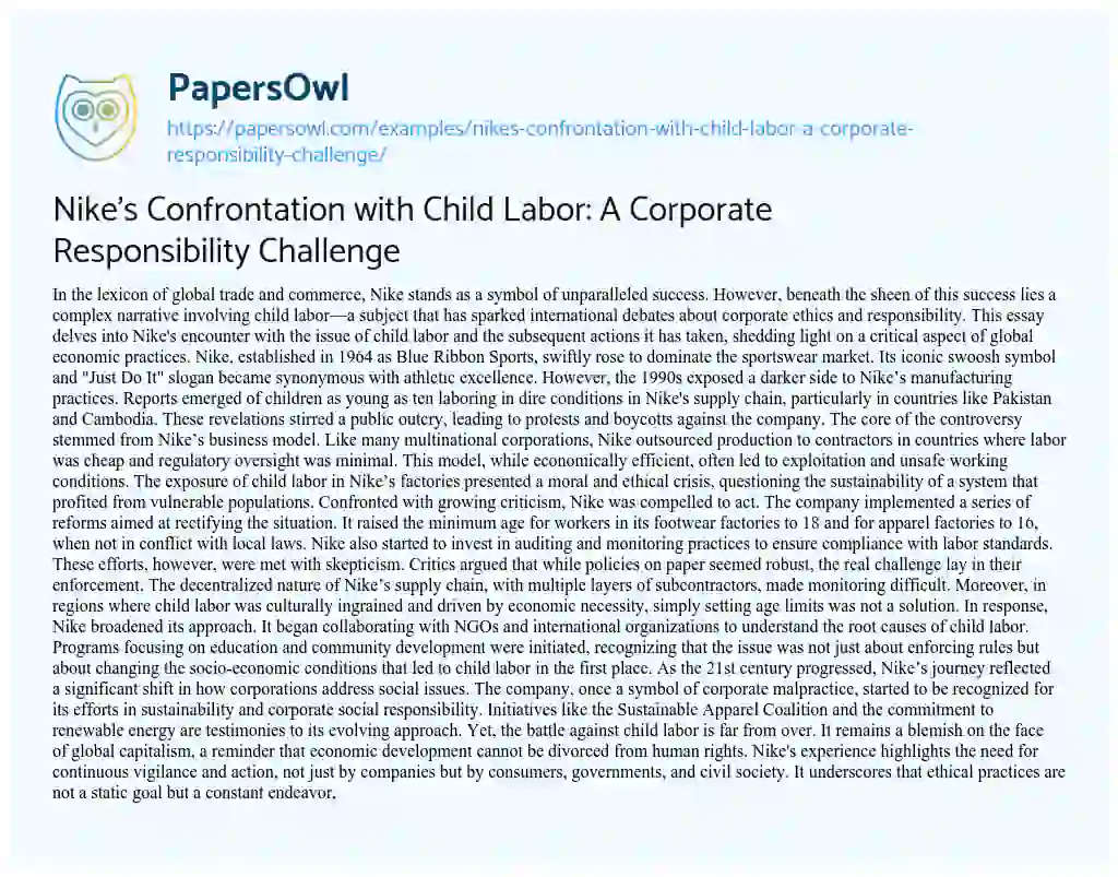 Essay on Nike’s Confrontation with Child Labor: A Corporate Responsibility Challenge