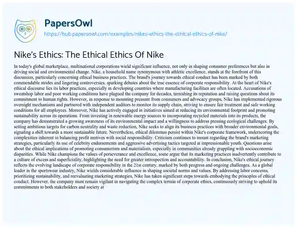 Essay on Nike’s Ethics: The Ethical Ethics Of Nike
