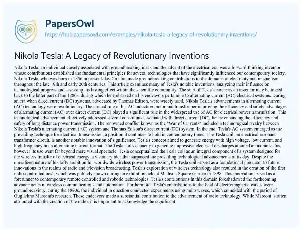 Essay on Nikola Tesla: A Legacy of Revolutionary Inventions