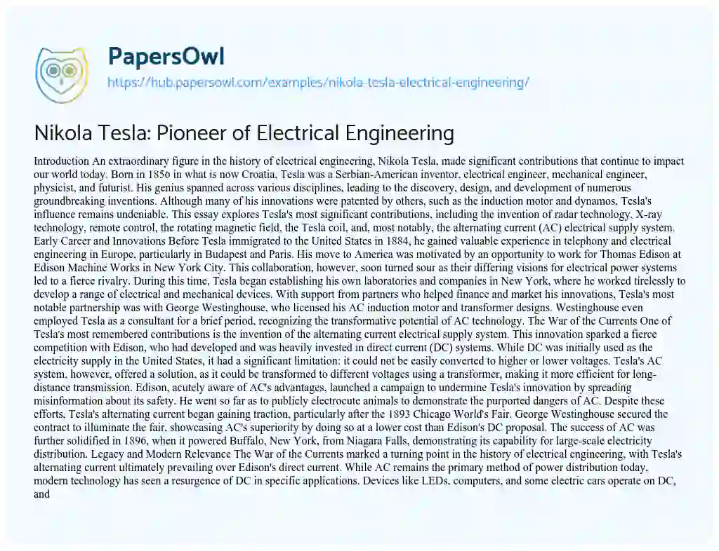 Essay on Nikola Tesla: Pioneer of Electrical Engineering