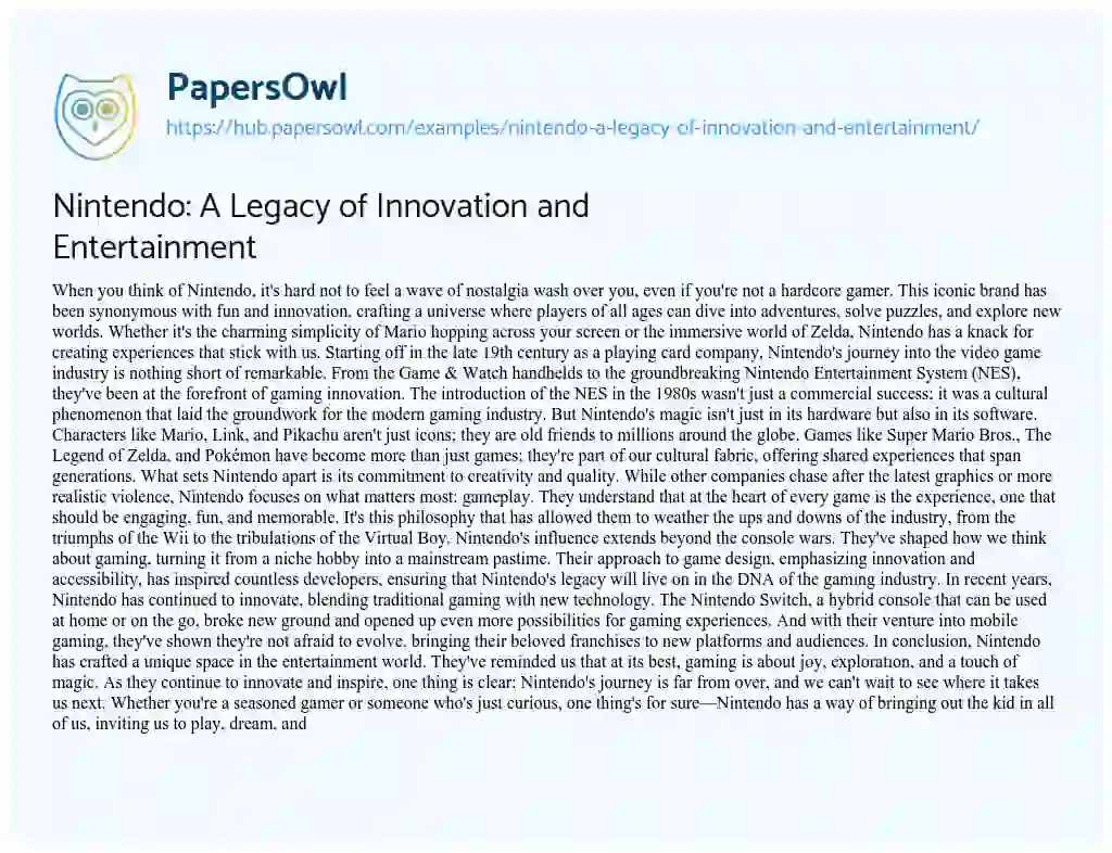 Essay on Nintendo: A Legacy of Innovation and Entertainment