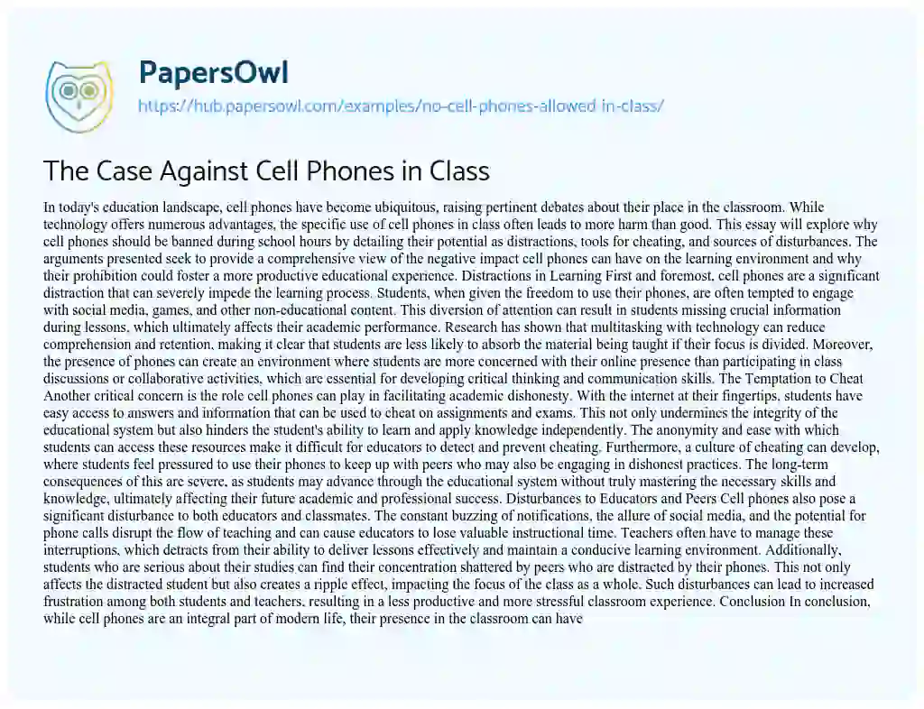 Essay on The Case Against Cell Phones in Class