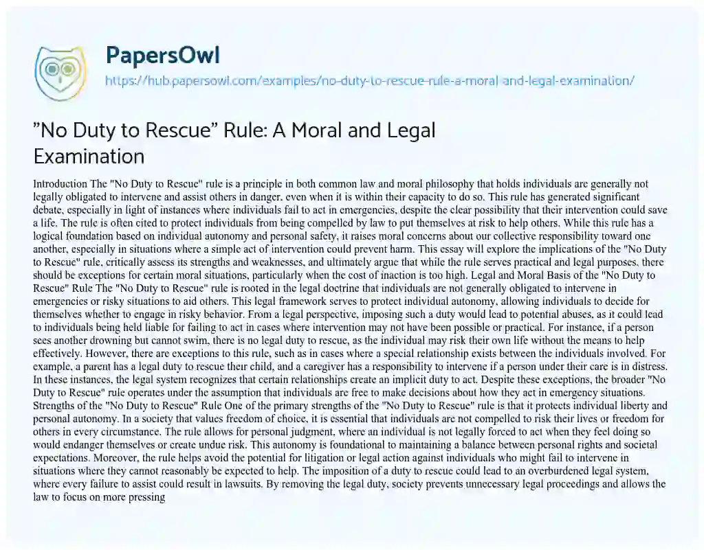 Essay on “No Duty to Rescue” Rule: A Moral and Legal Examination