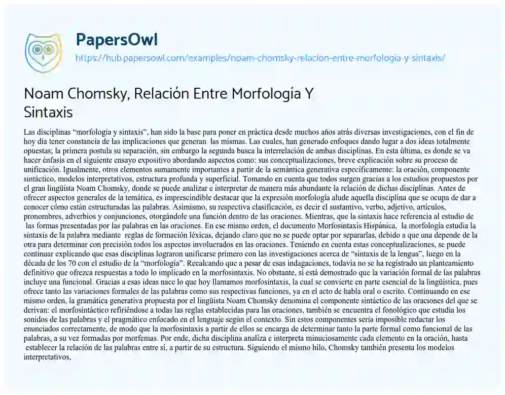 Essay on Noam Chomsky, Relación Entre Morfología Y Sintaxis