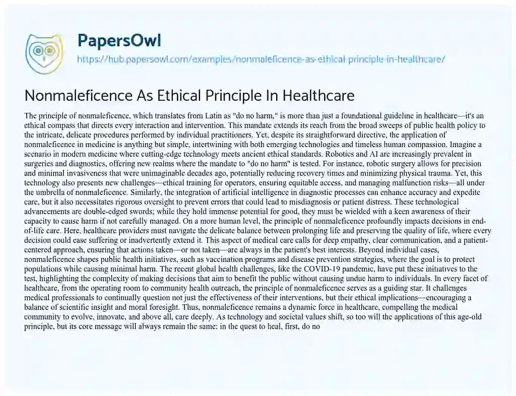 Essay on Nonmaleficence As Ethical Principle In Healthcare