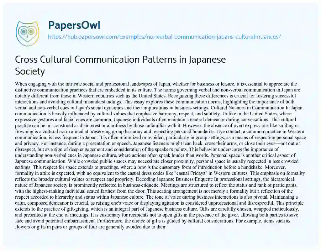 Essay on Cross Cultural Communication Patterns in Japanese Society