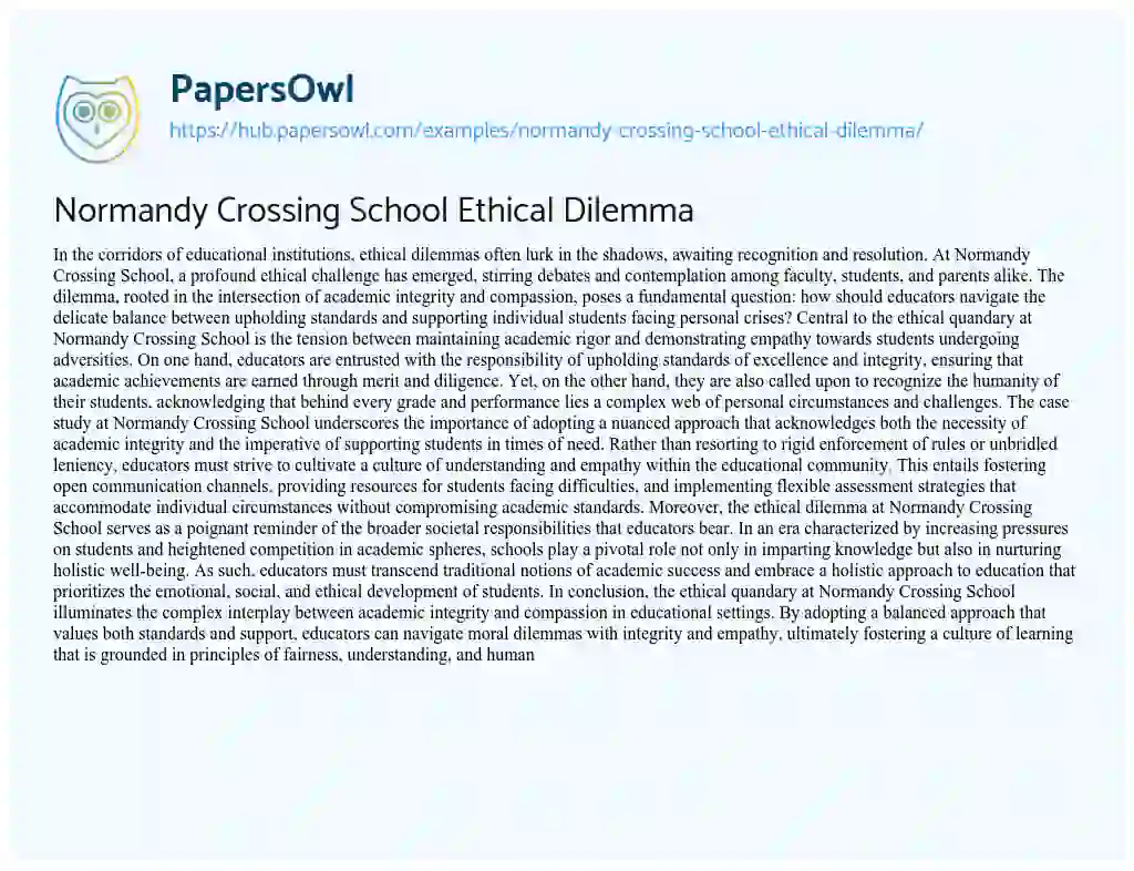 Essay on Normandy Crossing School Ethical Dilemma