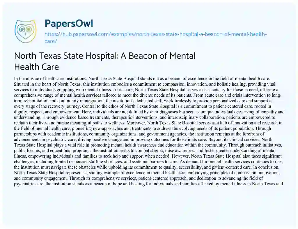 Essay on North Texas State Hospital: A Beacon of Mental Health Care