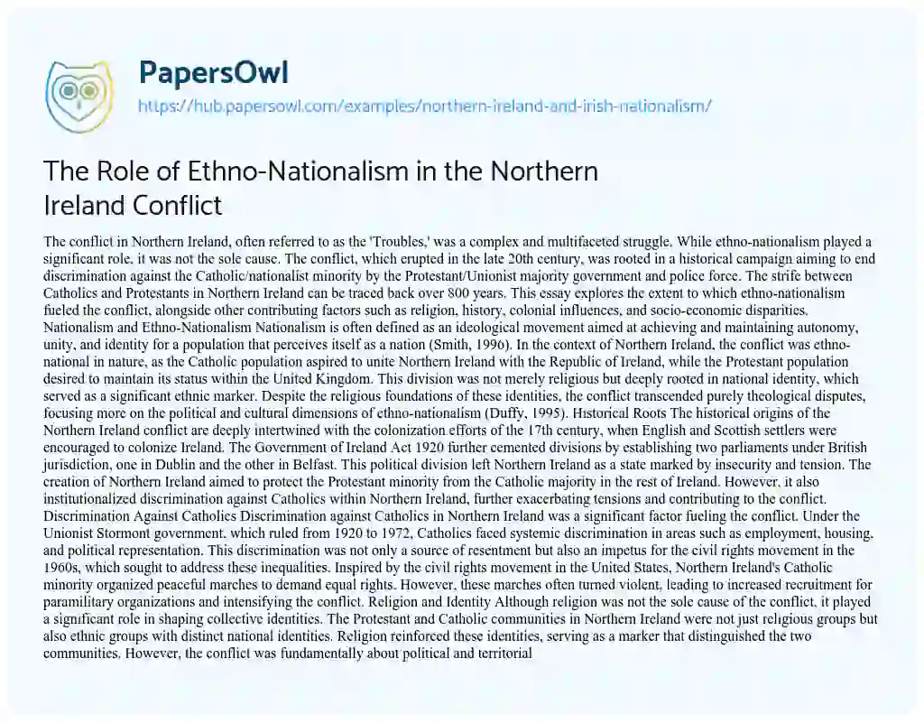 Essay on The Role of Ethno-Nationalism in the Northern Ireland Conflict