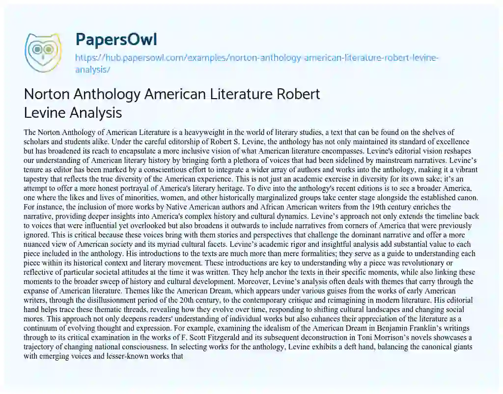 Essay on Norton Anthology American Literature Robert Levine Analysis