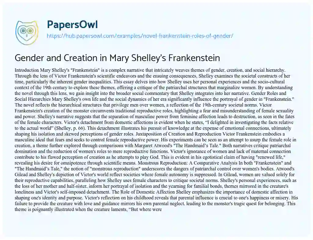 Essay on Gender and Creation in Mary Shelley’s Frankenstein