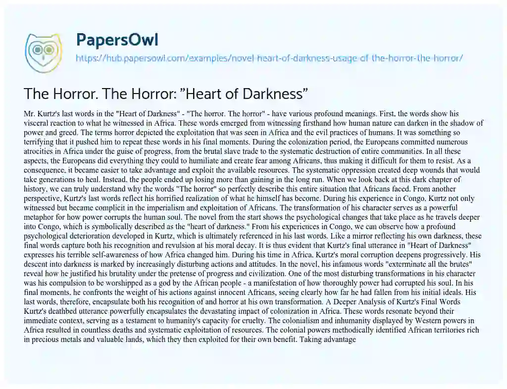 Essay on The Horror. The Horror: “Heart of Darkness”
