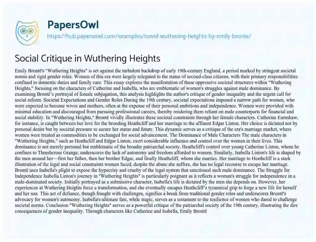 Essay on Social Critique in Wuthering Heights