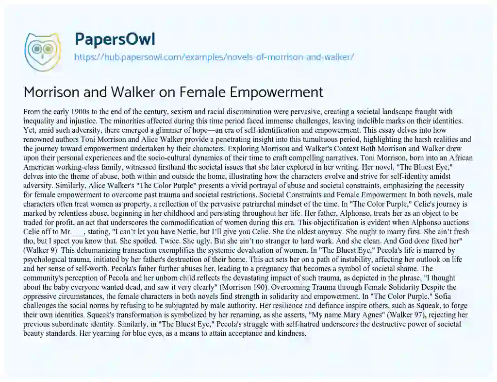 Essay on Morrison and Walker on Female Empowerment