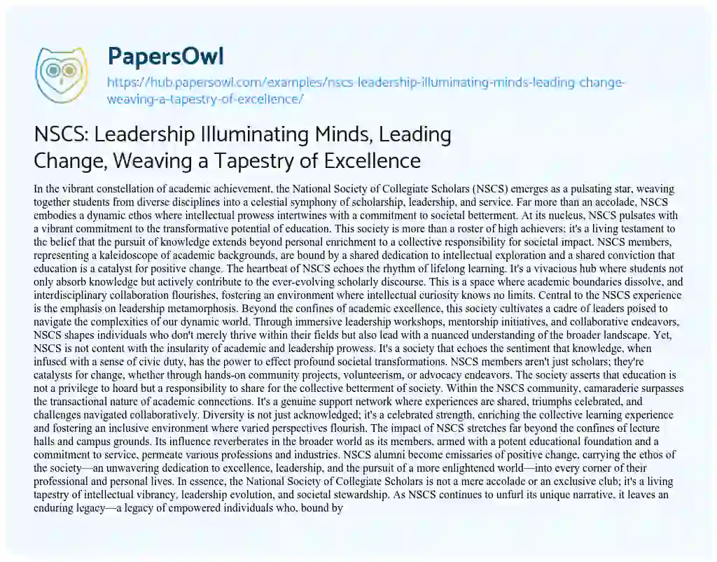 Essay on NSCS: Leadership Illuminating Minds, Leading Change, Weaving a Tapestry of Excellence