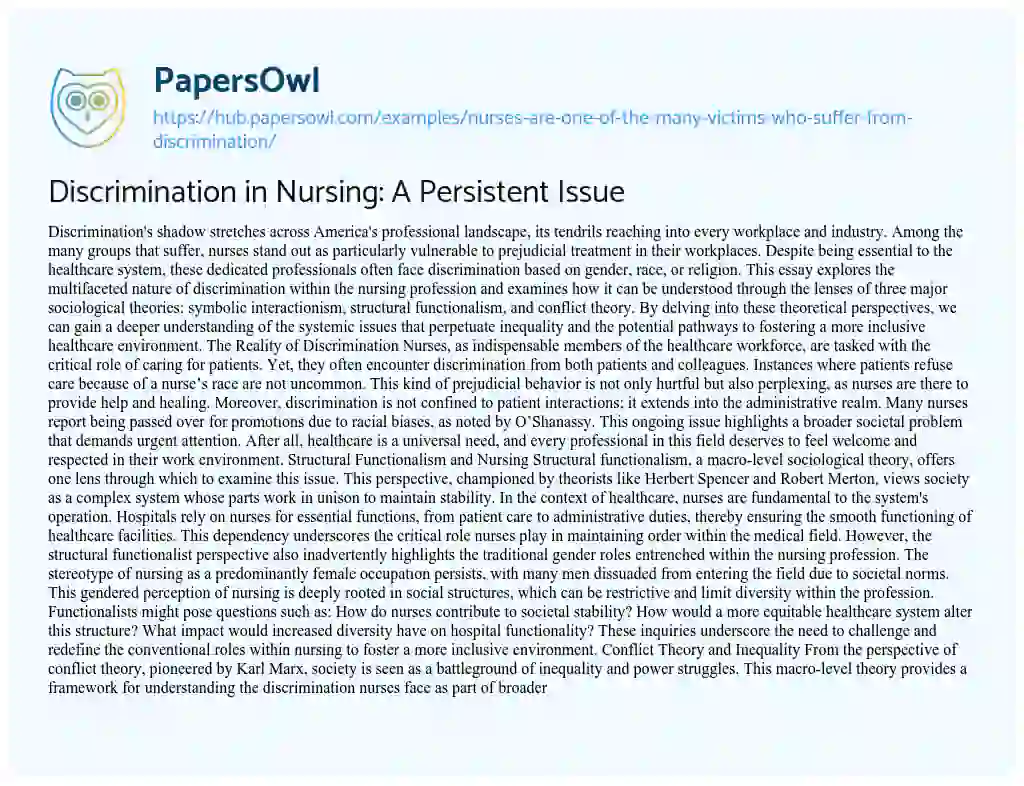 Essay on Discrimination in Nursing: A Persistent Issue