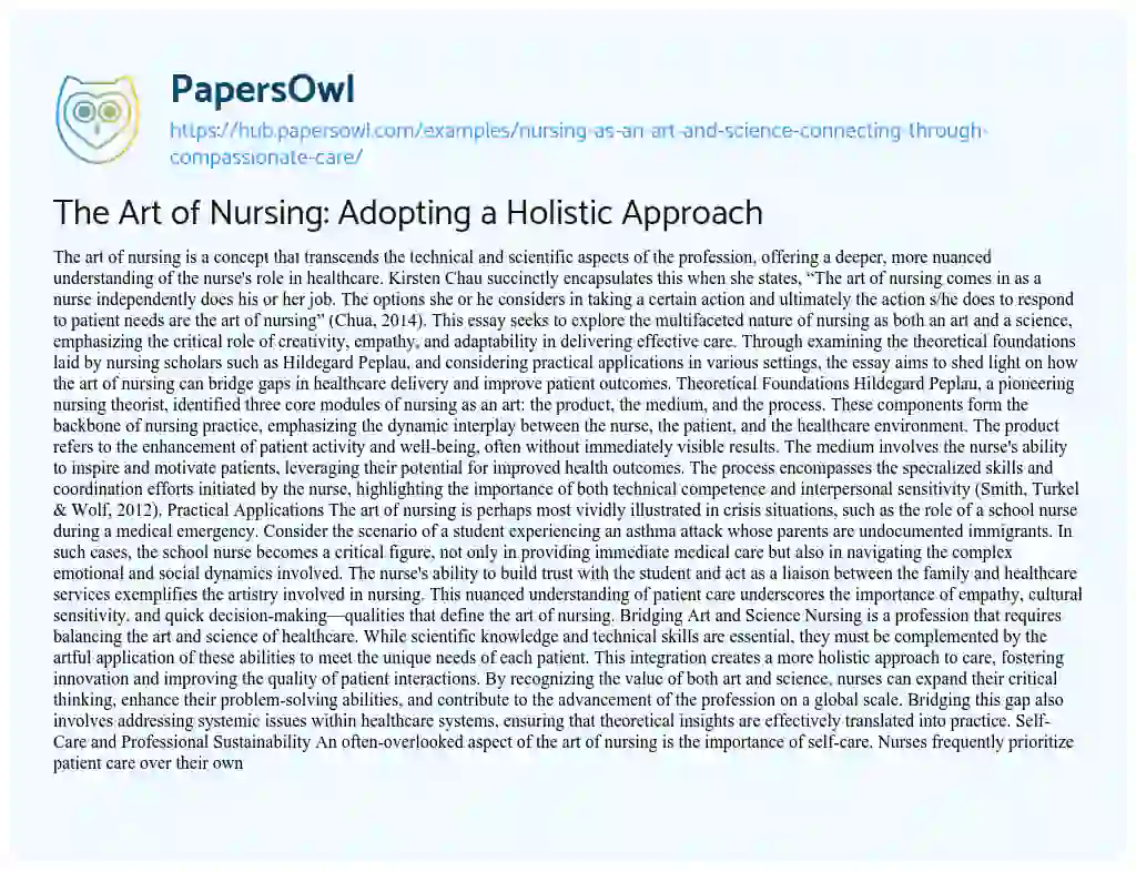 Essay on The Art of Nursing: Adopting a Holistic Approach