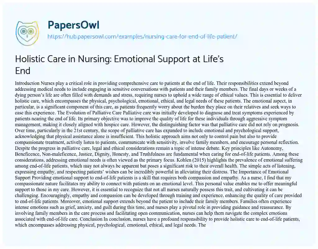 Essay on Holistic Care in Nursing: Emotional Support at Life’s End