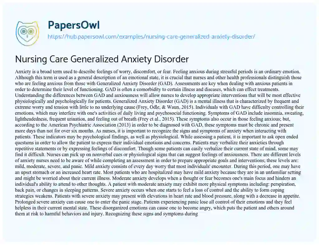 Essay on Nursing Care Generalized Anxiety Disorder