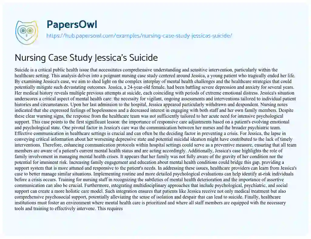 Essay on Nursing Case Study Jessica’s Suicide