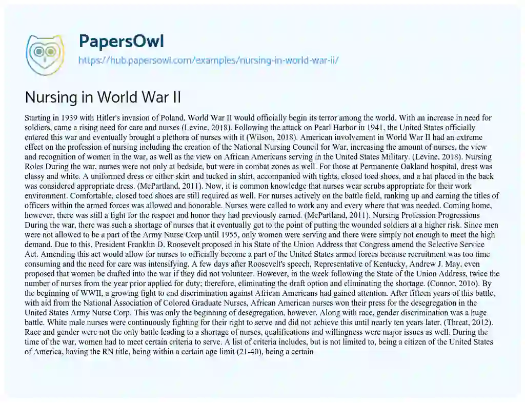 Essay on Nursing in World War II