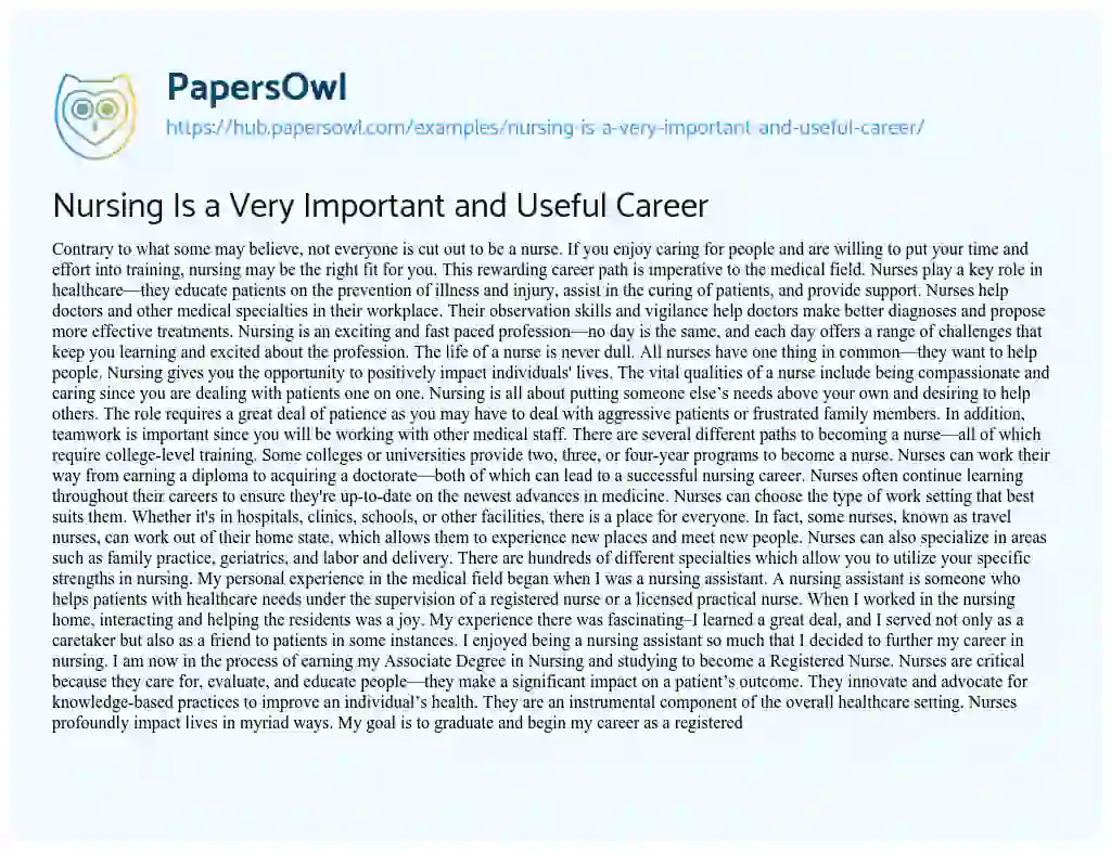 Essay on Nursing Is a Very Important and Useful Career