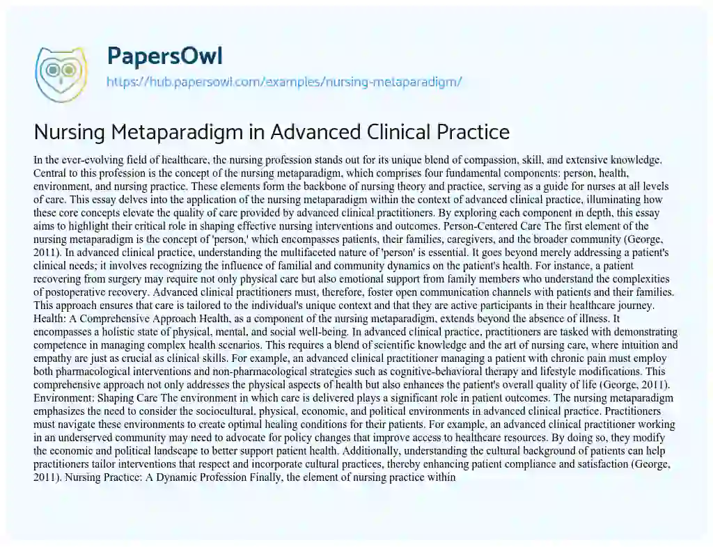 Essay on Nursing Metaparadigm in Advanced Clinical Practice