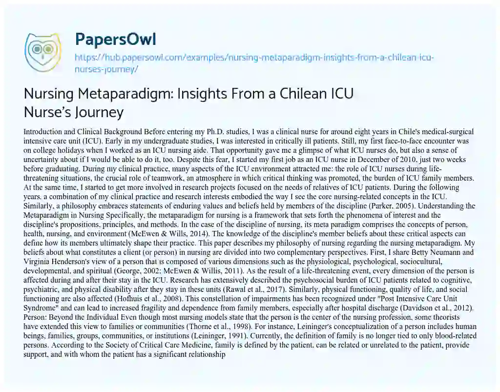 Essay on Nursing Metaparadigm: Insights From a Chilean ICU Nurse’s Journey