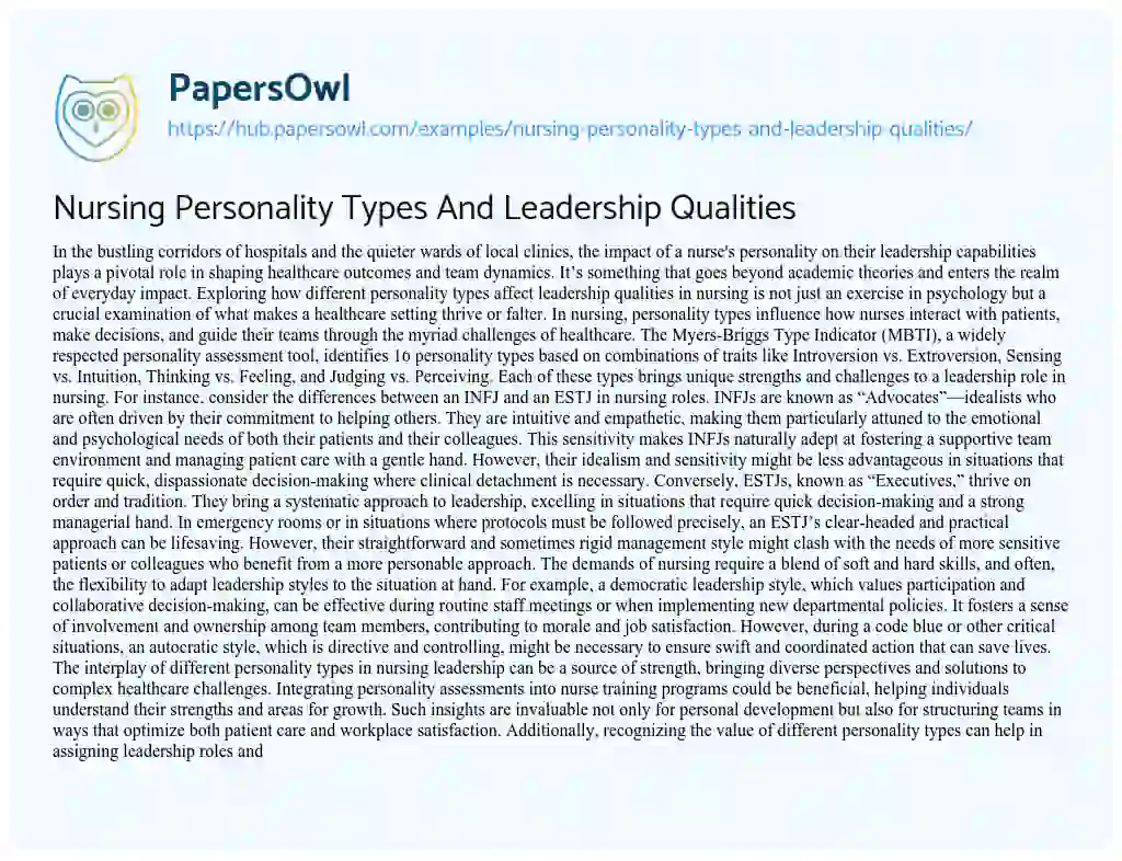 Essay on Nursing Personality Types And Leadership Qualities