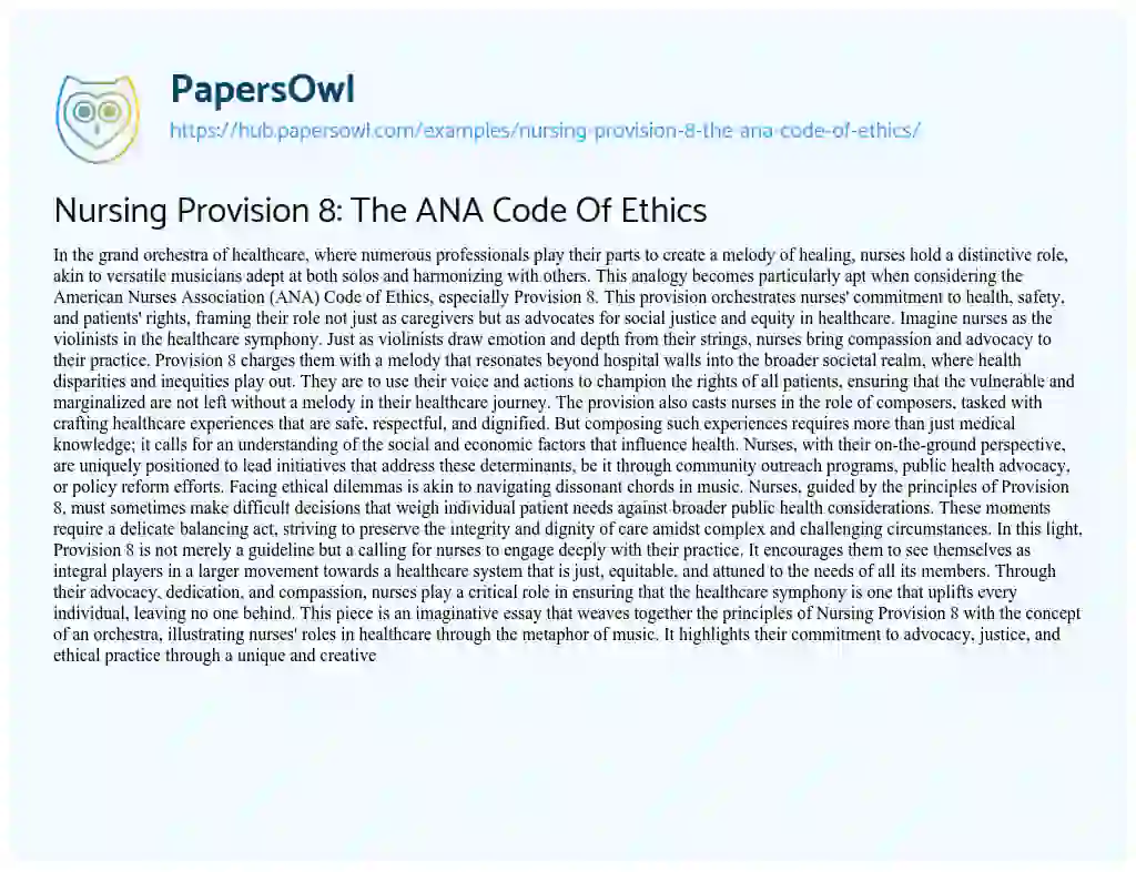 Essay on Nursing Provision 8: The ANA Code Of Ethics