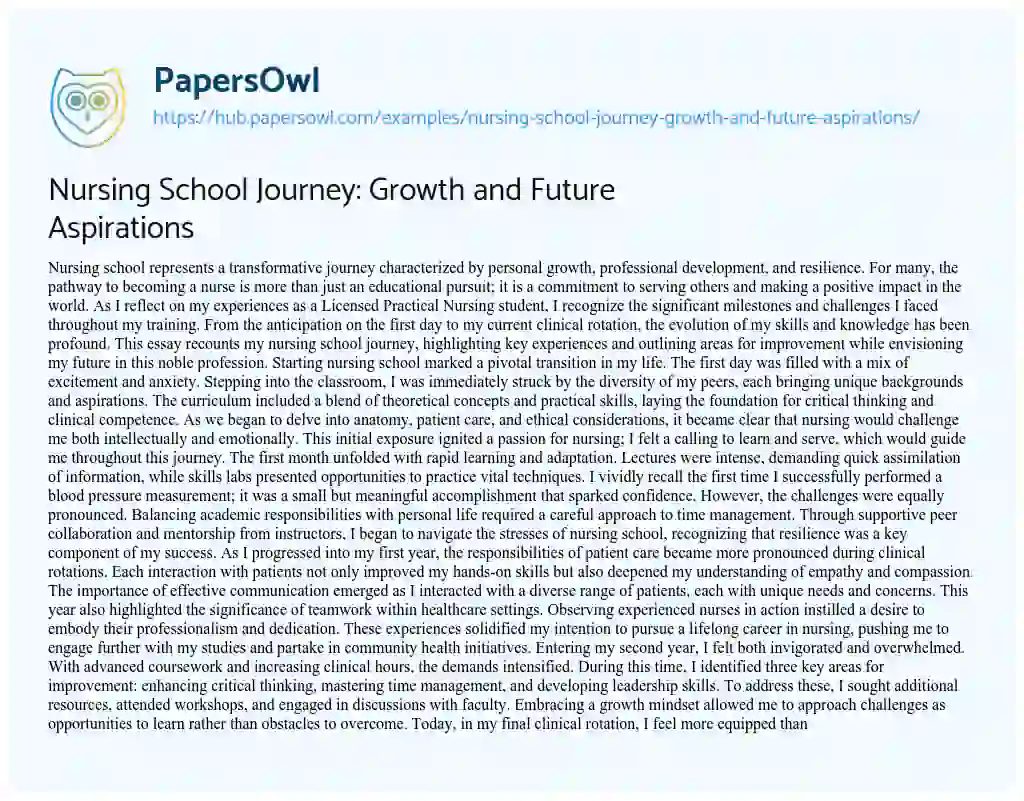 Essay on Nursing School Journey: Growth and Future Aspirations