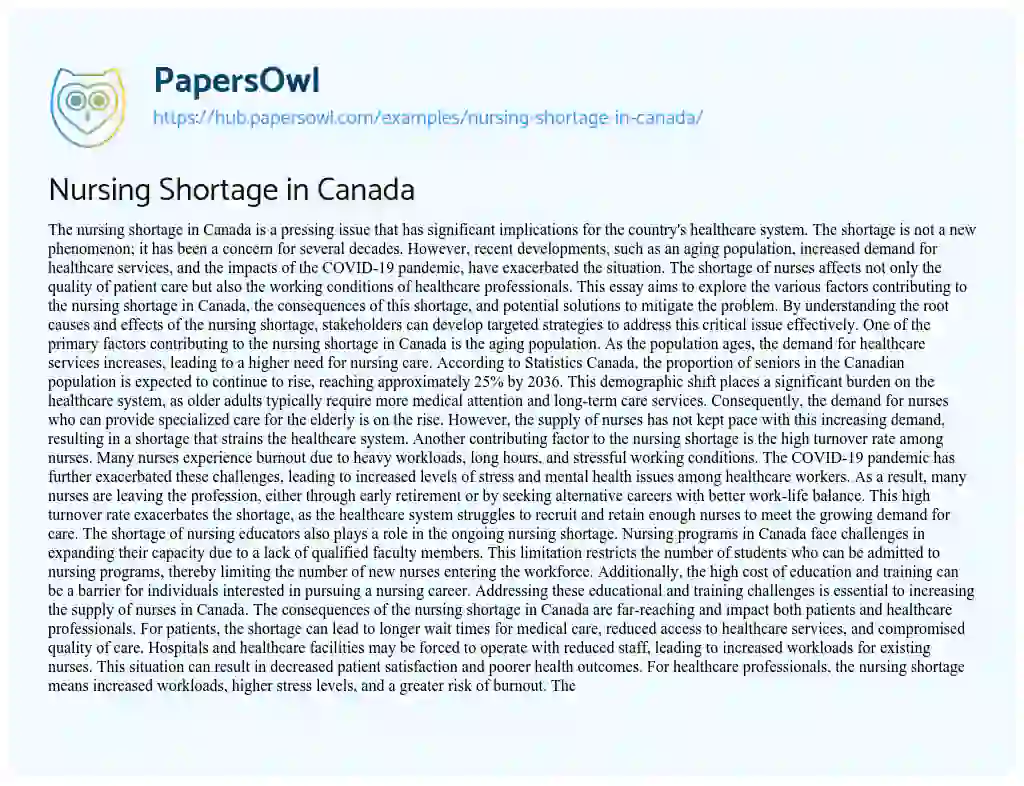 Essay on Nursing Shortage in Canada