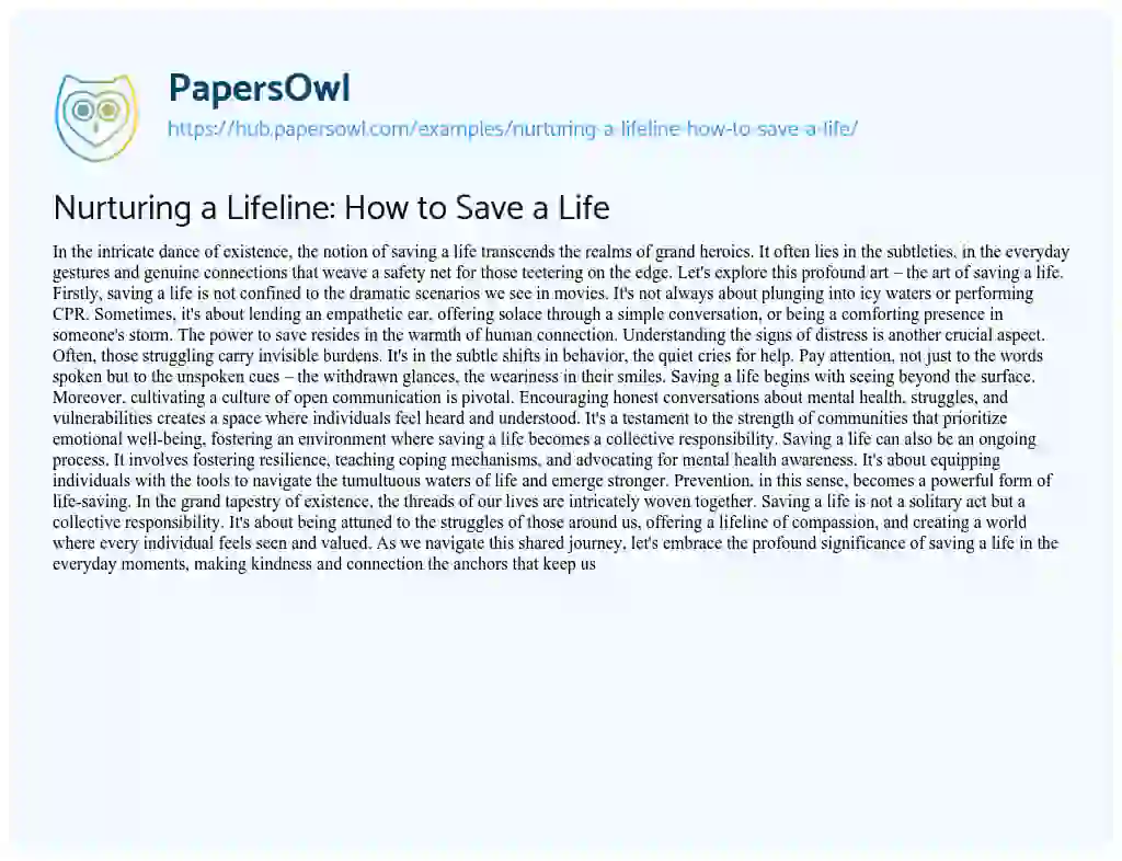 Essay on Nurturing a Lifeline: How to Save a Life