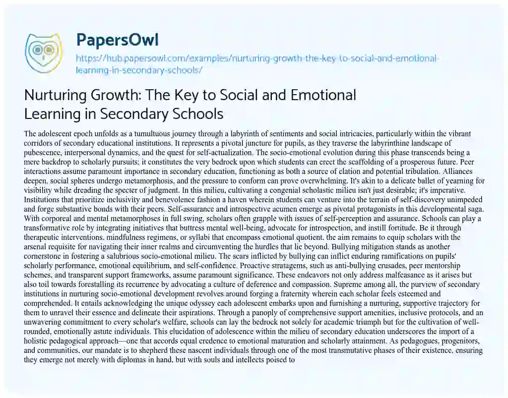 Essay on Nurturing Growth: The Key to Social and Emotional Learning in Secondary Schools