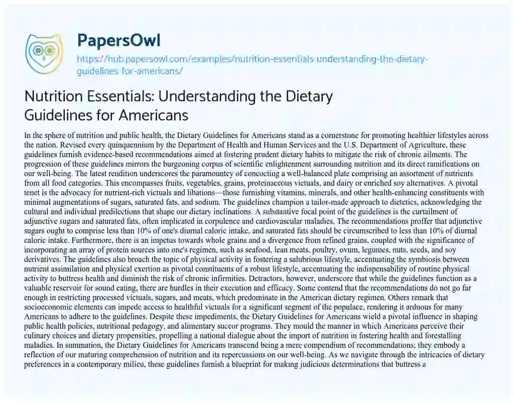 Essay on Nutrition Essentials: Understanding the Dietary Guidelines for Americans