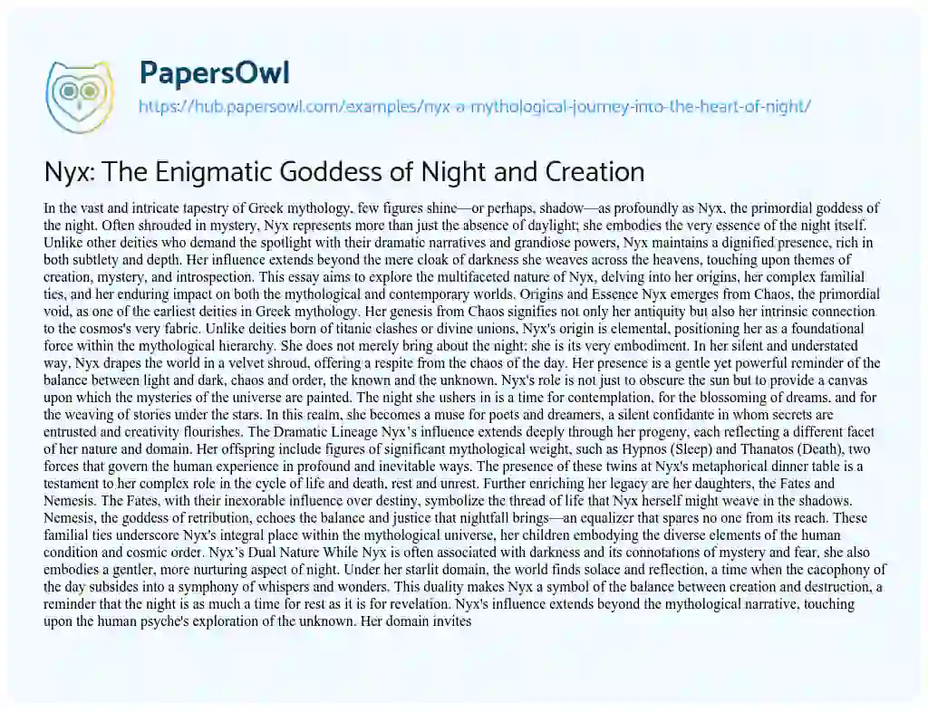 Essay on Nyx: The Enigmatic Goddess of Night and Creation